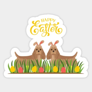 Happy Easter with Bunny American Cocker Spaniel Behind Grass with Colorful Eggs Sticker